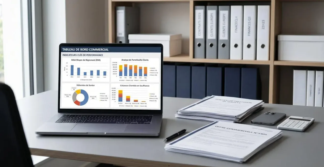 Bureau de directeur commercial avec écran affichant un tableau de bord de suivi des indicateurs commerciaux et documents contractuels, dans un environnement de travail contemporain