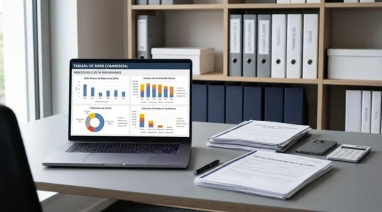 Bureau de directeur commercial avec écran affichant un tableau de bord de suivi des indicateurs commerciaux et documents contractuels, dans un environnement de travail contemporain