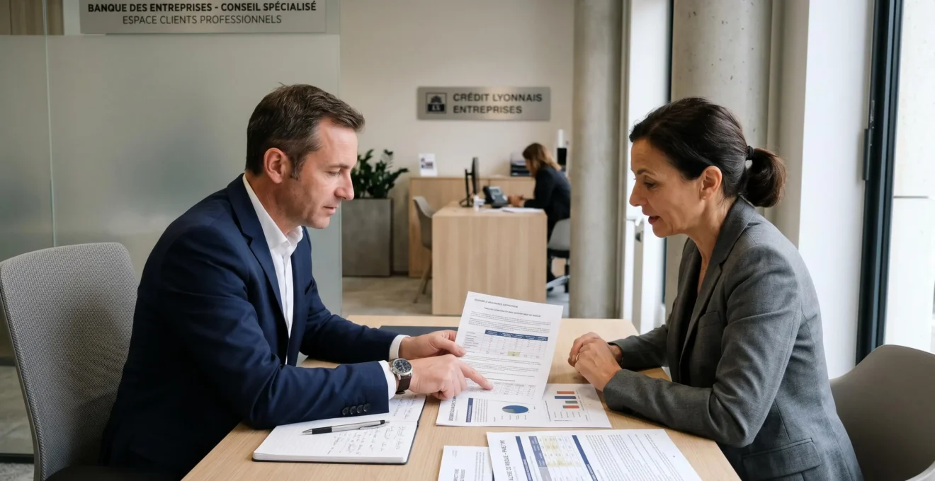 Conseiller bancaire professionnel et chef d'entreprise consultant des documents de solutions de couverture des risques commerciaux dans une agence spécialisée