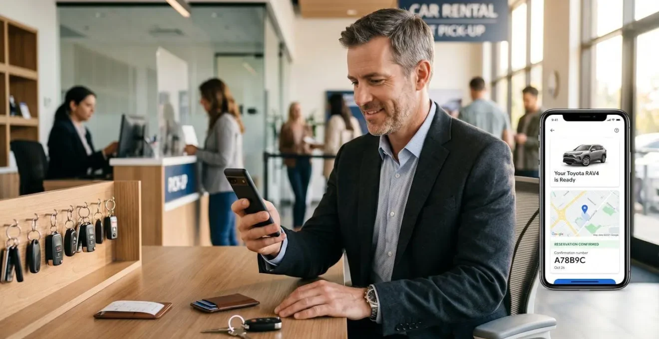 Un professionnel vérifiant une application mobile de gestion de flotte automobile depuis son téléphone