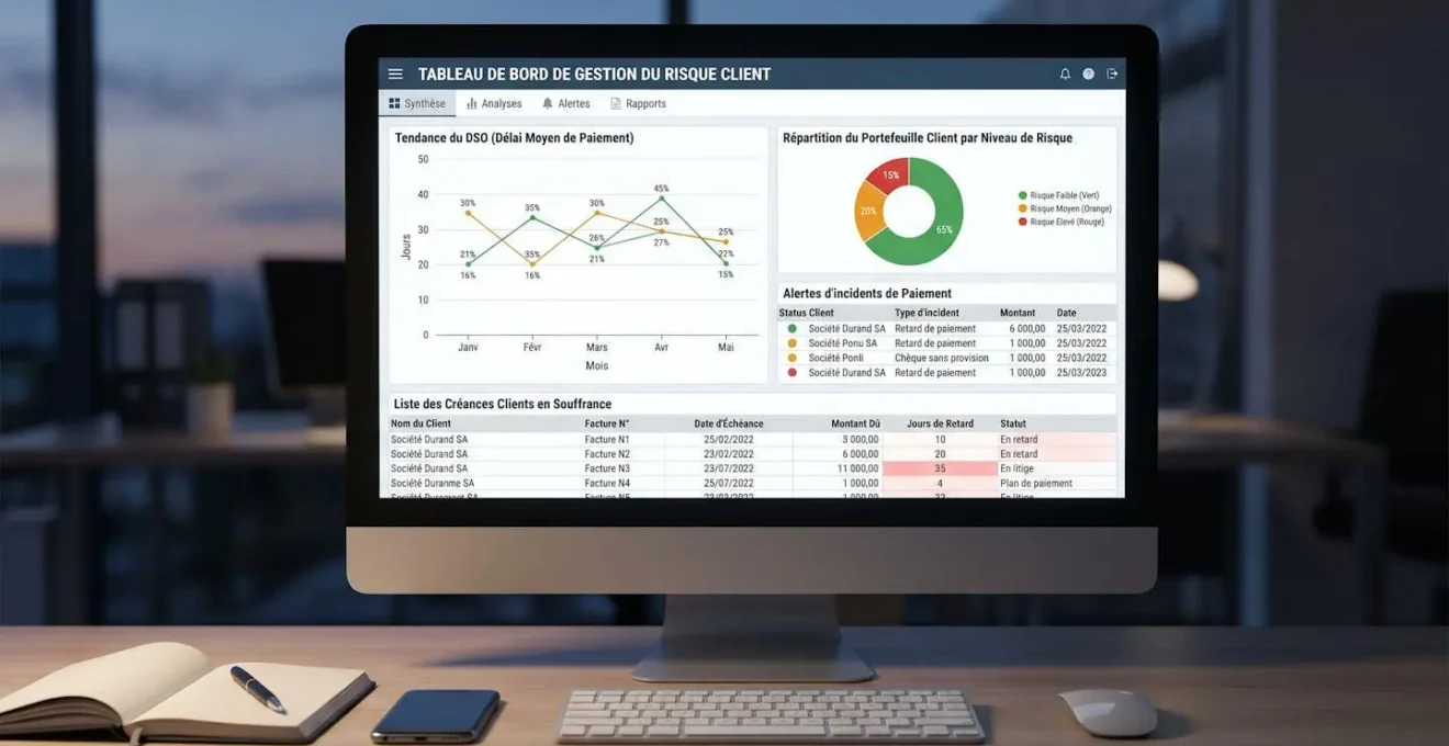 Tableau de bord numérique affichant les indicateurs de pilotage des risques commerciaux avec graphiques de suivi DSO et répartition du portefeuille clients